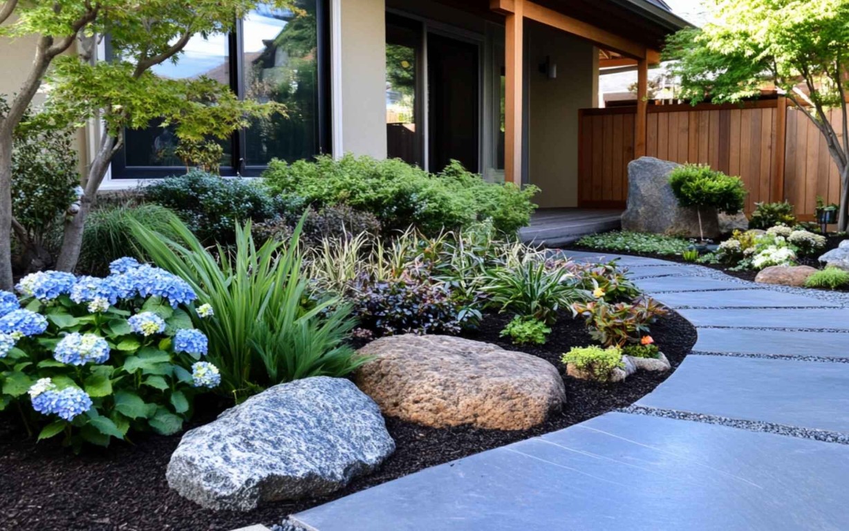 Low-maintenance rock garden with decorative stepping stones